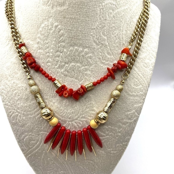 Fire Beads with Tribal Flare Layered Chain Necklace Red stone and long Gold bead - Picture 1 of 10